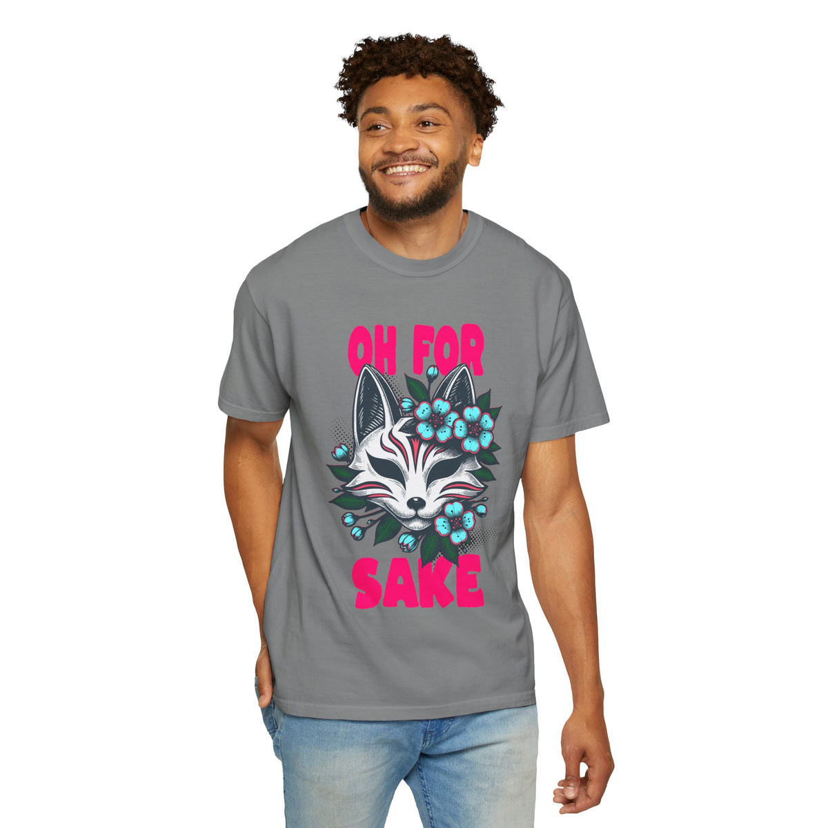 FPD - Oh For Sake Japanese Kitsune Fox Floral Streetwear Unisex Heavyweight Cotton T-Shirt, Sarcastic Anime Mask Graphic Tee