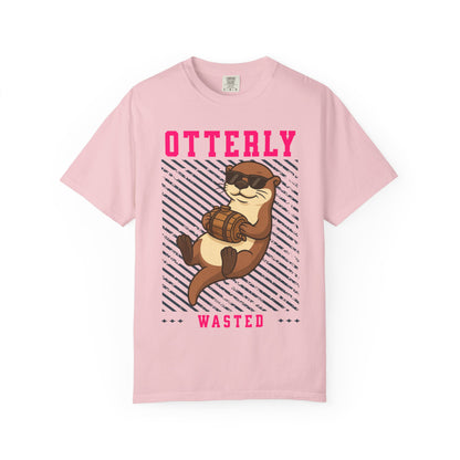 FPD - Otterly Wasted Funny Drinking Otter Sunglasses Barrel Streetwear Unisex Heavyweight Cotton T-Shirt, Sarcastic Party Animal Graphic Tee