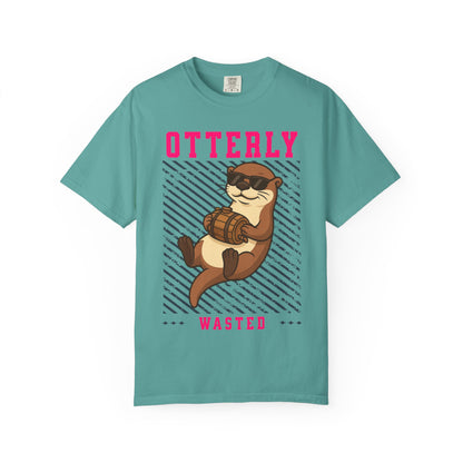 FPD - Otterly Wasted Funny Drinking Otter Sunglasses Barrel Streetwear Unisex Heavyweight Cotton T-Shirt, Sarcastic Party Animal Graphic Tee