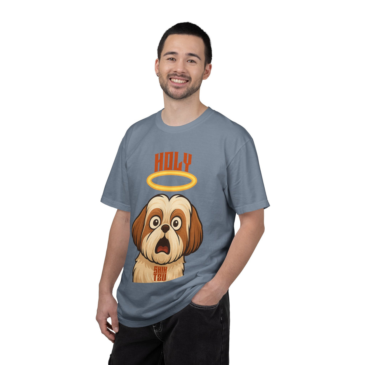 FPD - Holy Shih Tzu Funny Dog Halo Shocked Expression Unisex Heavyweight Cotton T-Shirt, Sarcastic Pet Humor Graphic Tee