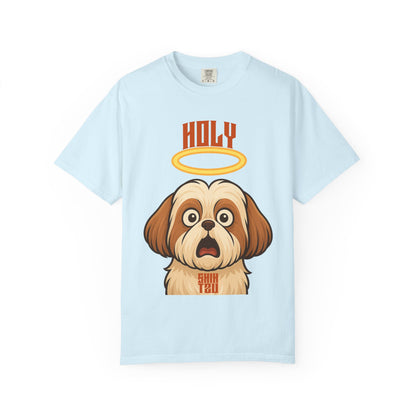 FPD - Holy Shih Tzu Funny Dog Halo Shocked Expression Unisex Heavyweight Cotton T-Shirt, Sarcastic Pet Humor Graphic Tee