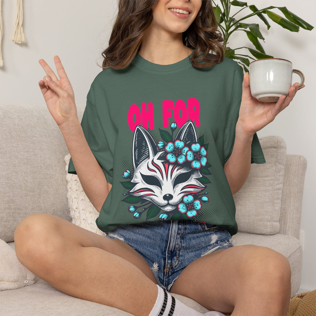 FPD - Oh For Sake Japanese Kitsune Fox Floral Streetwear Unisex Heavyweight Cotton T-Shirt, Sarcastic Anime Mask Graphic Tee