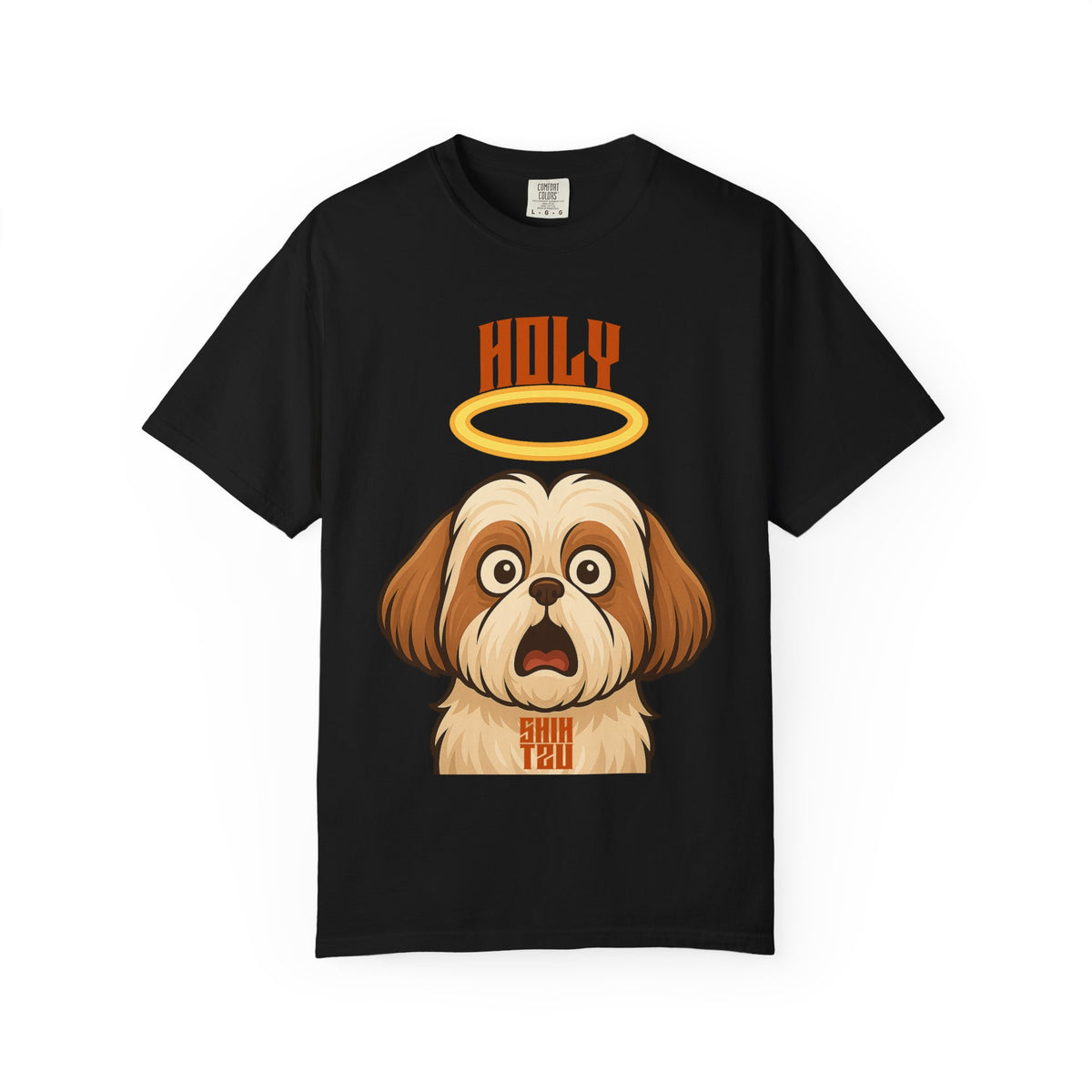 FPD - Holy Shih Tzu Funny Dog Halo Shocked Expression Unisex Heavyweight Cotton T-Shirt, Sarcastic Pet Humor Graphic Tee