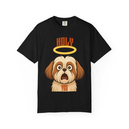 FPD - Holy Shih Tzu Funny Dog Halo Shocked Expression Unisex Heavyweight Cotton T-Shirt, Sarcastic Pet Humor Graphic Tee
