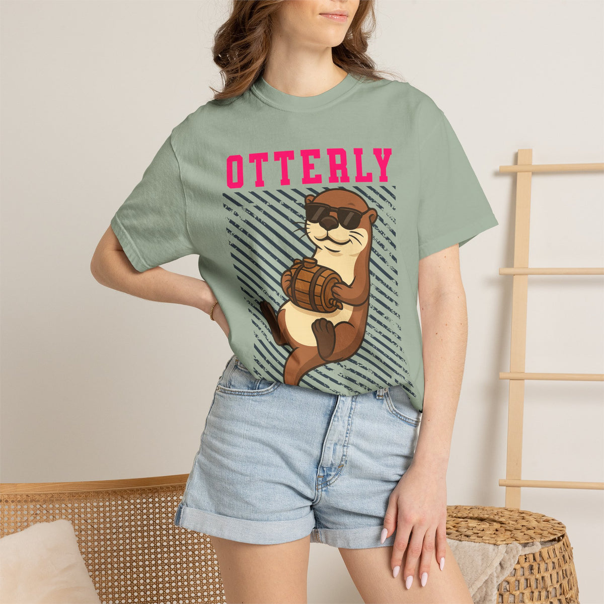 FPD - Otterly Wasted Funny Drinking Otter Sunglasses Barrel Streetwear Unisex Heavyweight Cotton T-Shirt, Sarcastic Party Animal Graphic Tee