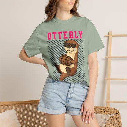 FPD - Otterly Wasted Funny Drinking Otter Sunglasses Barrel Streetwear Unisex Heavyweight Cotton T-Shirt, Sarcastic Party Animal Graphic Tee