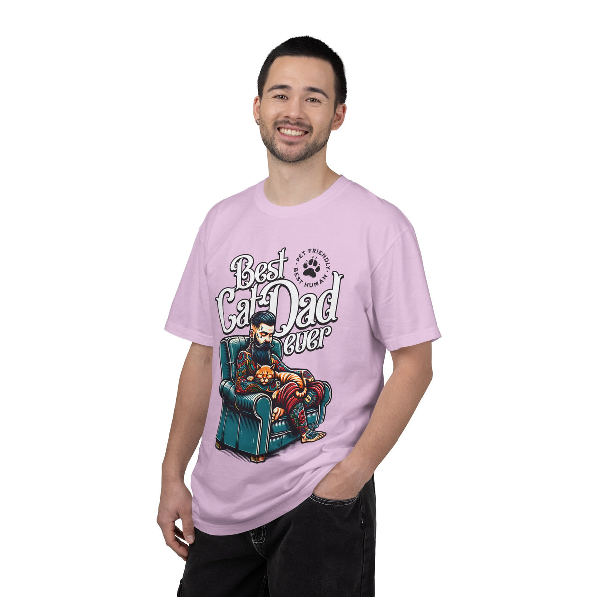 FPD - Best Cat Dad Ever T-Shirt | Tattooed Cat Dad In Armchair Graphic Tee | Funny Pet Lover Gift Shirt