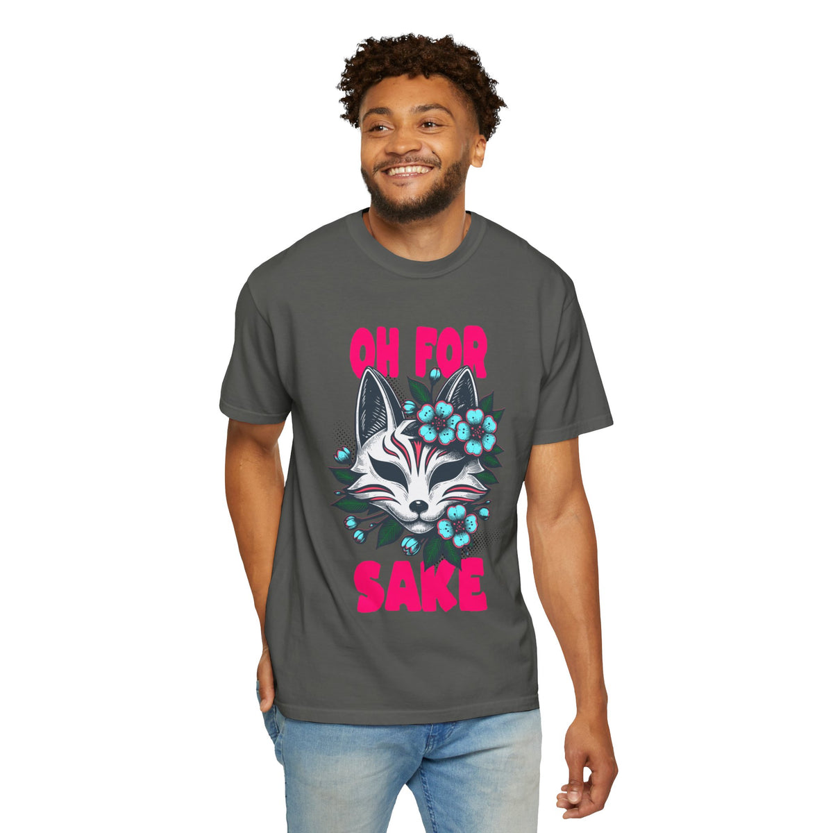 FPD - Oh For Sake Japanese Kitsune Fox Floral Streetwear Unisex Heavyweight Cotton T-Shirt, Sarcastic Anime Mask Graphic Tee