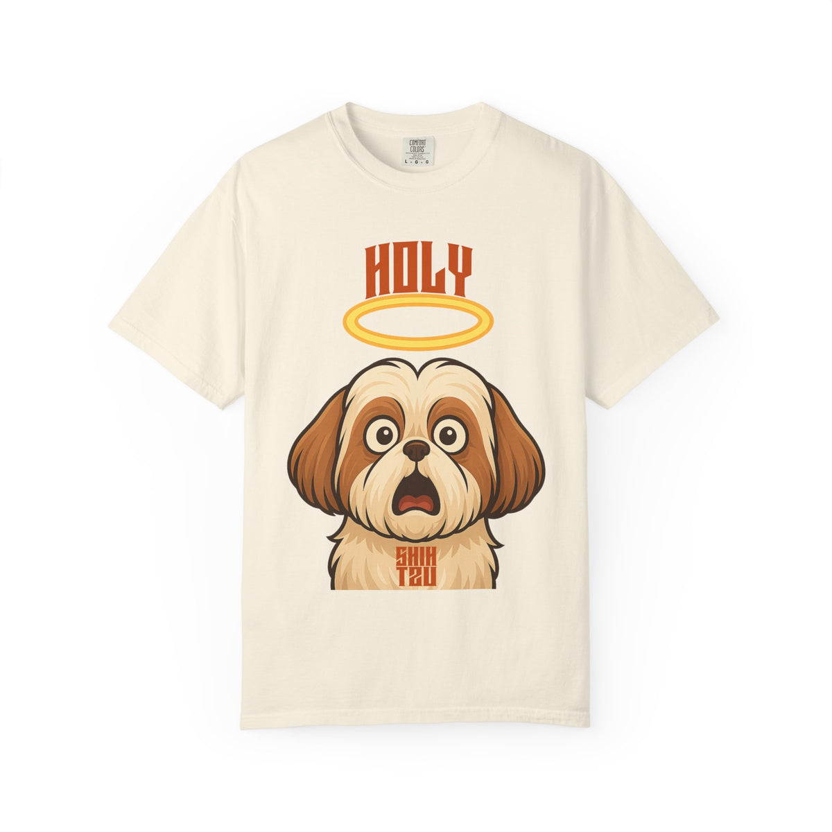 FPD - Holy Shih Tzu Funny Dog Halo Shocked Expression Unisex Heavyweight Cotton T-Shirt, Sarcastic Pet Humor Graphic Tee