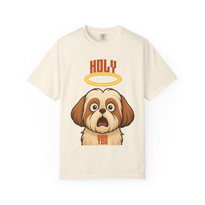 FPD - Holy Shih Tzu Funny Dog Halo Shocked Expression Unisex Heavyweight Cotton T-Shirt, Sarcastic Pet Humor Graphic Tee