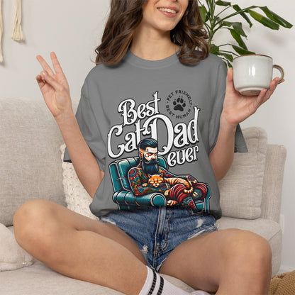 FPD - Best Cat Dad Ever T-Shirt | Tattooed Cat Dad In Armchair Graphic Tee | Funny Pet Lover Gift Shirt
