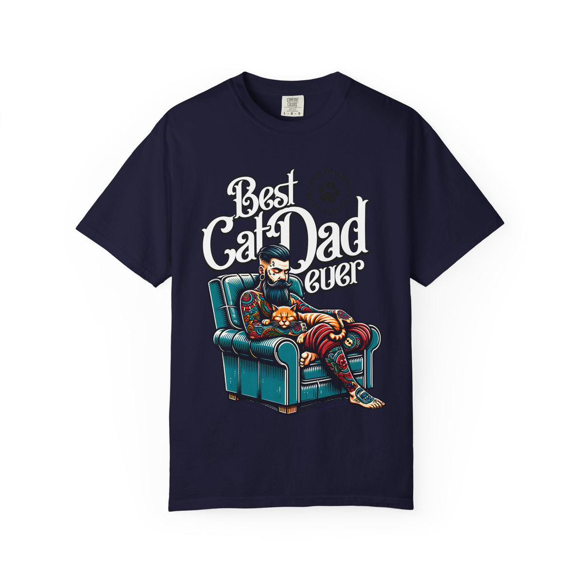 FPD - Best Cat Dad Ever T-Shirt | Tattooed Cat Dad In Armchair Graphic Tee | Funny Pet Lover Gift Shirt