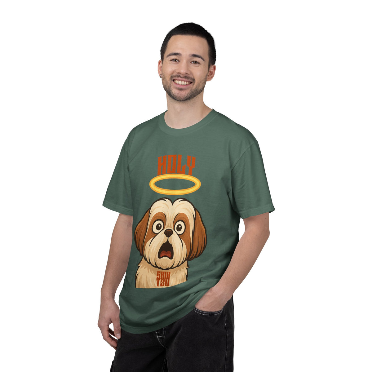 FPD - Holy Shih Tzu Funny Dog Halo Shocked Expression Unisex Heavyweight Cotton T-Shirt, Sarcastic Pet Humor Graphic Tee