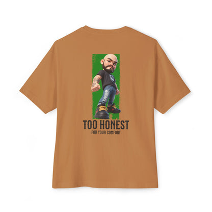 Brown t-shirt with a graphic of a person and text on the back, on a white background