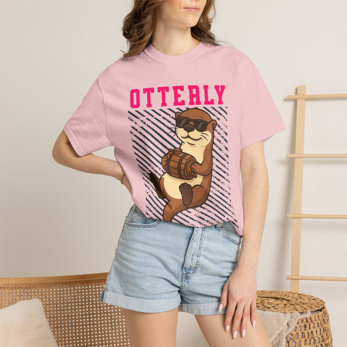 FPD - Otterly Wasted Funny Drinking Otter Sunglasses Barrel Streetwear Unisex Heavyweight Cotton T-Shirt, Sarcastic Party Animal Graphic Tee
