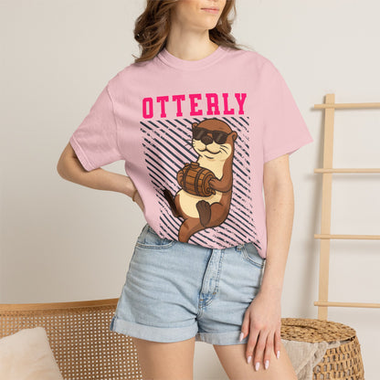 FPD - Otterly Wasted Funny Drinking Otter Sunglasses Barrel Streetwear Unisex Heavyweight Cotton T-Shirt, Sarcastic Party Animal Graphic Tee