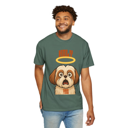 FPD - Holy Shih Tzu Funny Dog Halo Shocked Expression Unisex Heavyweight Cotton T-Shirt, Sarcastic Pet Humor Graphic Tee