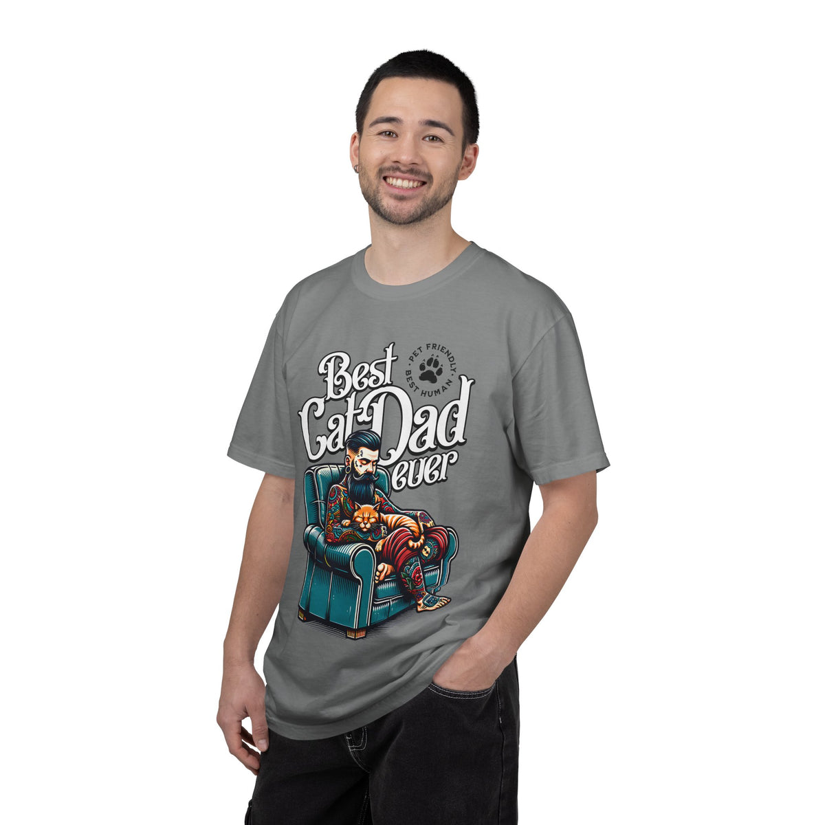 FPD - Best Cat Dad Ever T-Shirt | Tattooed Cat Dad In Armchair Graphic Tee | Funny Pet Lover Gift Shirt