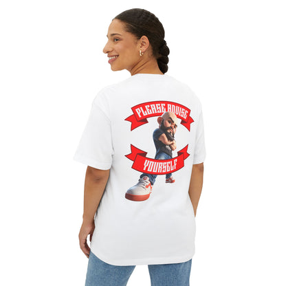 Person wearing a white t-shirt with a graphic design on the back