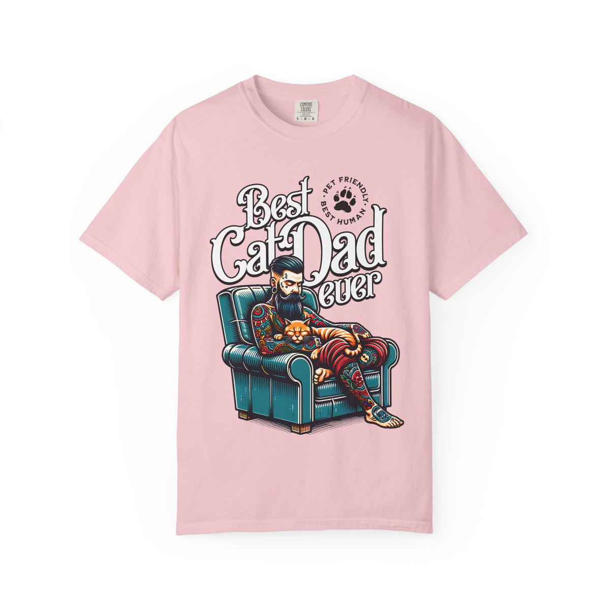 FPD - Best Cat Dad Ever T-Shirt | Tattooed Cat Dad In Armchair Graphic Tee | Funny Pet Lover Gift Shirt