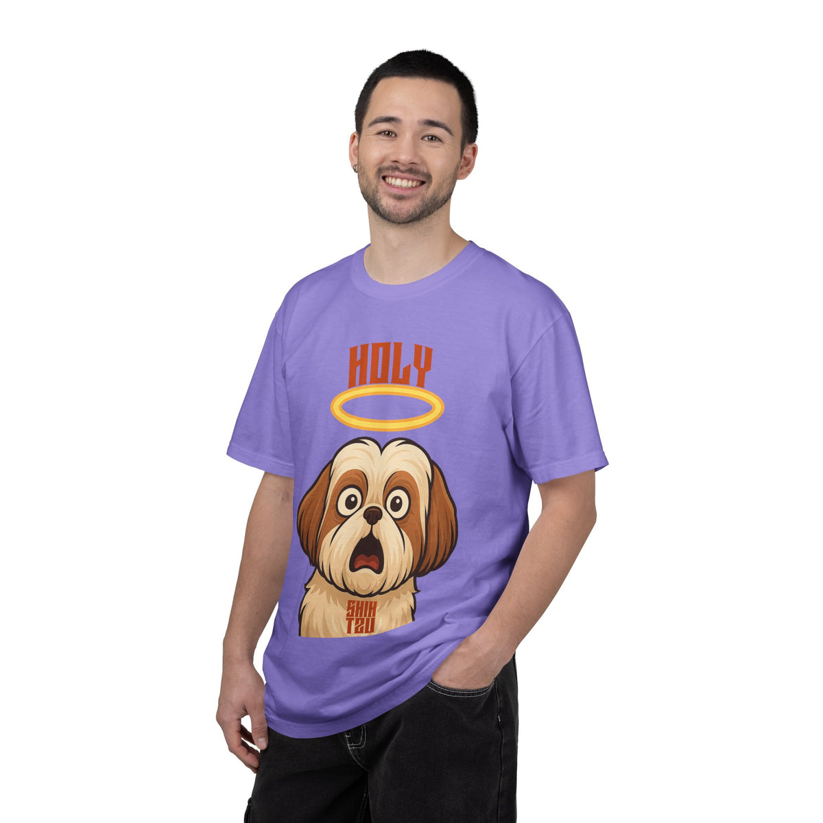 FPD - Holy Shih Tzu Funny Dog Halo Shocked Expression Unisex Heavyweight Cotton T-Shirt, Sarcastic Pet Humor Graphic Tee
