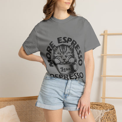 FPD - More Espresso Less Depresso T-Shirt | Minimalist Coffee Humor Graphic Tee | Funny Caffeine Addict Gift Shirt