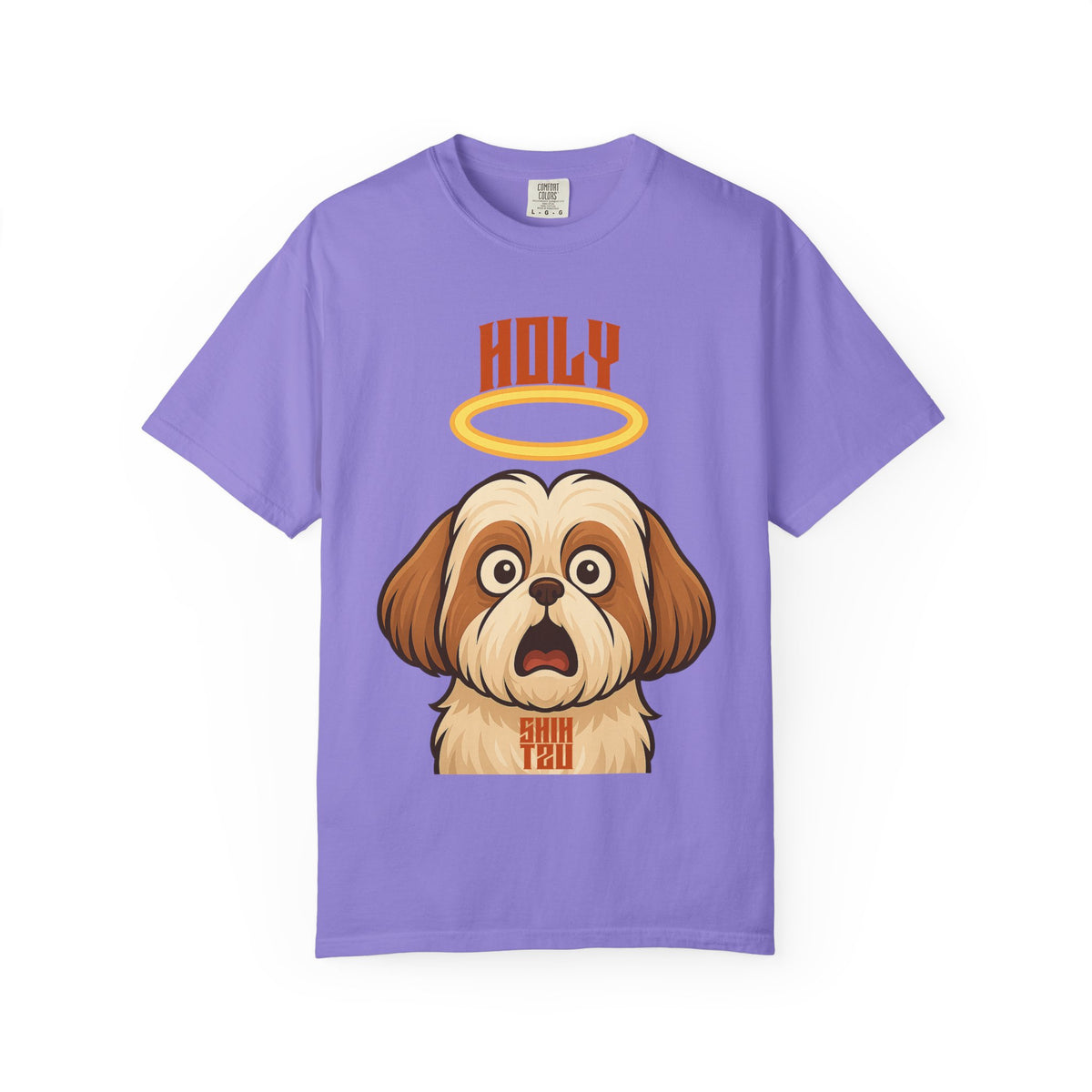 FPD - Holy Shih Tzu Funny Dog Halo Shocked Expression Unisex Heavyweight Cotton T-Shirt, Sarcastic Pet Humor Graphic Tee