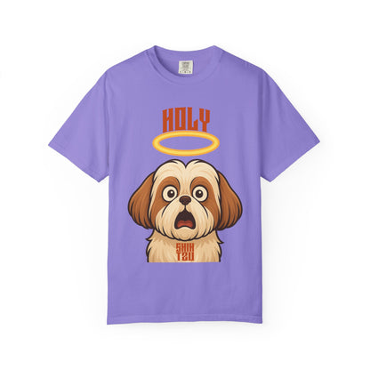 FPD - Holy Shih Tzu Funny Dog Halo Shocked Expression Unisex Heavyweight Cotton T-Shirt, Sarcastic Pet Humor Graphic Tee