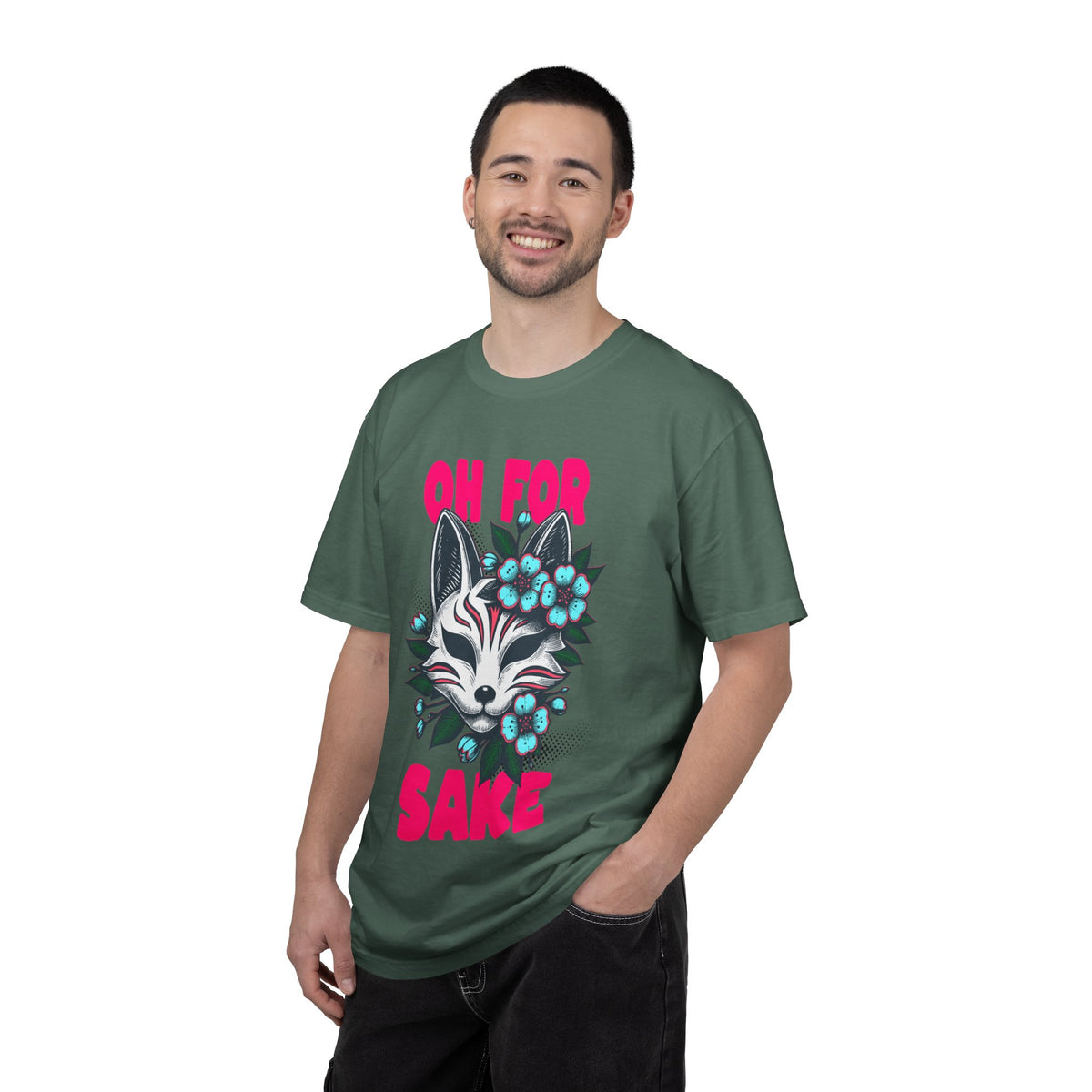 FPD - Oh For Sake Japanese Kitsune Fox Floral Streetwear Unisex Heavyweight Cotton T-Shirt, Sarcastic Anime Mask Graphic Tee