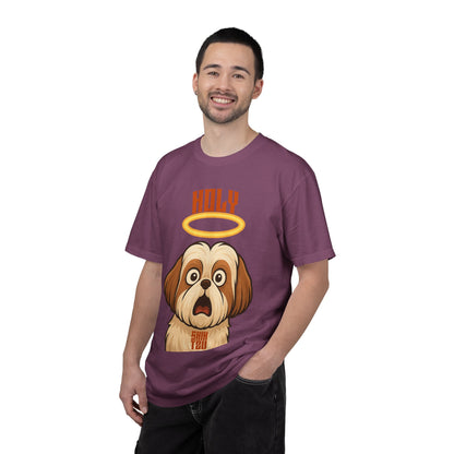 FPD - Holy Shih Tzu Funny Dog Halo Shocked Expression Unisex Heavyweight Cotton T-Shirt, Sarcastic Pet Humor Graphic Tee