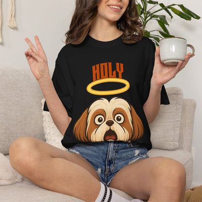 FPD - Holy Shih Tzu Funny Dog Halo Shocked Expression Unisex Heavyweight Cotton T-Shirt, Sarcastic Pet Humor Graphic Tee