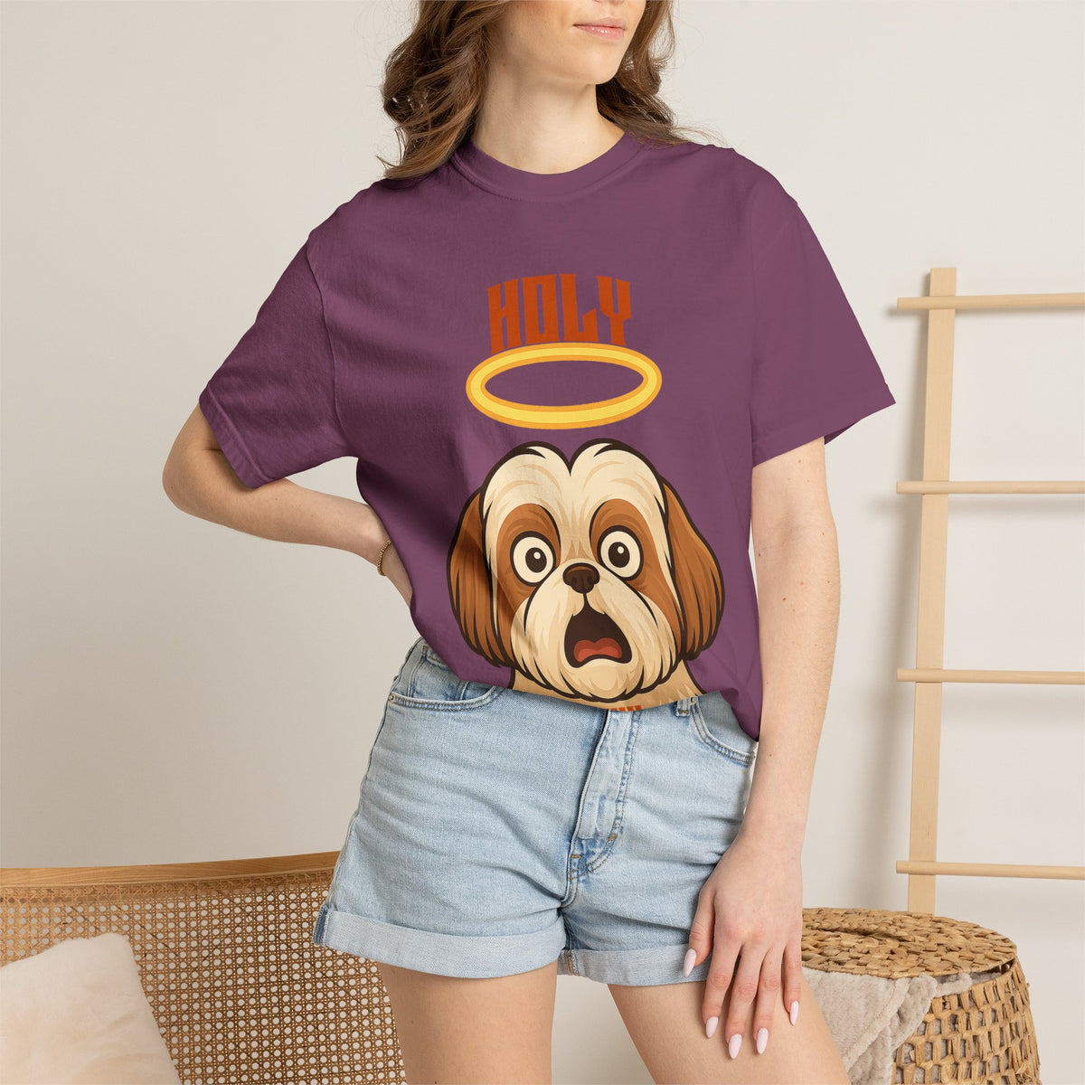 FPD - Holy Shih Tzu Funny Dog Halo Shocked Expression Unisex Heavyweight Cotton T-Shirt, Sarcastic Pet Humor Graphic Tee