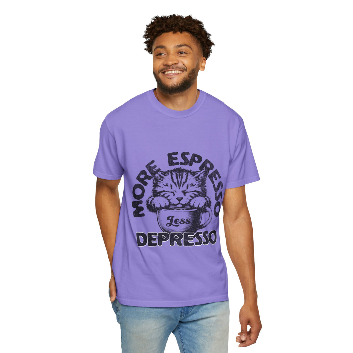 FPD - More Espresso Less Depresso T-Shirt | Minimalist Coffee Humor Graphic Tee | Funny Caffeine Addict Gift Shirt