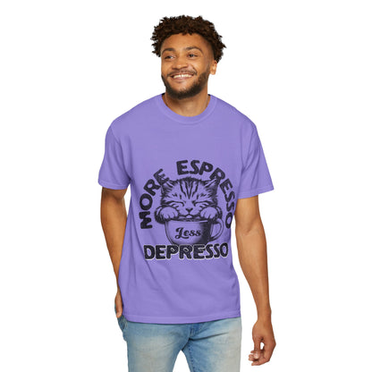 FPD - More Espresso Less Depresso T-Shirt | Minimalist Coffee Humor Graphic Tee | Funny Caffeine Addict Gift Shirt