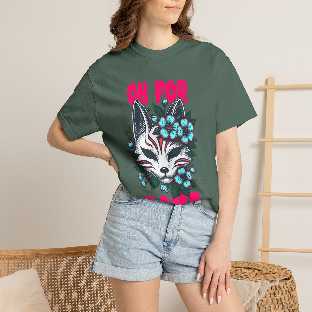 FPD - Oh For Sake Japanese Kitsune Fox Floral Streetwear Unisex Heavyweight Cotton T-Shirt, Sarcastic Anime Mask Graphic Tee