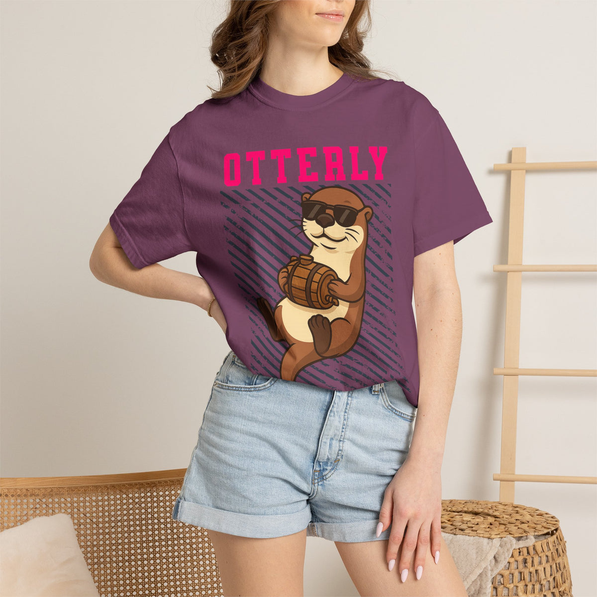 FPD - Otterly Wasted Funny Drinking Otter Sunglasses Barrel Streetwear Unisex Heavyweight Cotton T-Shirt, Sarcastic Party Animal Graphic Tee