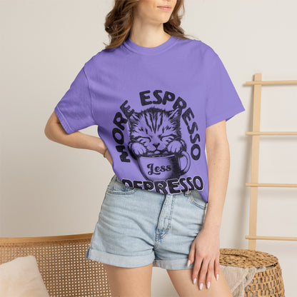 FPD - More Espresso Less Depresso T-Shirt | Minimalist Coffee Humor Graphic Tee | Funny Caffeine Addict Gift Shirt