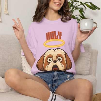 FPD - Holy Shih Tzu Funny Dog Halo Shocked Expression Unisex Heavyweight Cotton T-Shirt, Sarcastic Pet Humor Graphic Tee