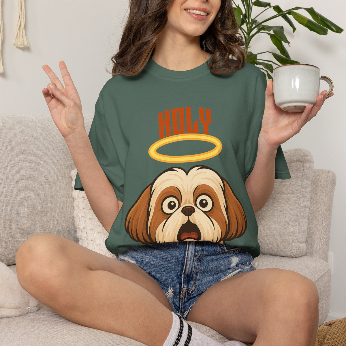 FPD - Holy Shih Tzu Funny Dog Halo Shocked Expression Unisex Heavyweight Cotton T-Shirt, Sarcastic Pet Humor Graphic Tee