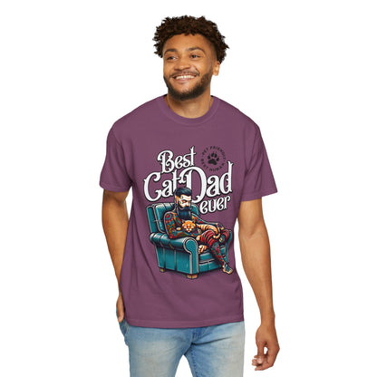FPD - Best Cat Dad Ever T-Shirt | Tattooed Cat Dad In Armchair Graphic Tee | Funny Pet Lover Gift Shirt