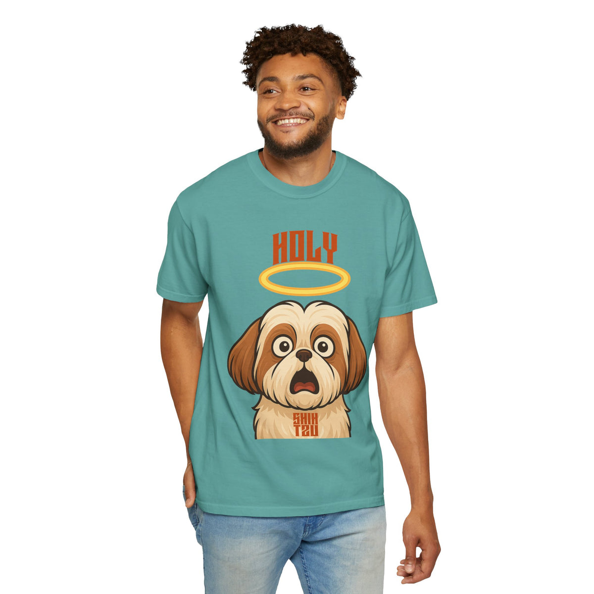 FPD - Holy Shih Tzu Funny Dog Halo Shocked Expression Unisex Heavyweight Cotton T-Shirt, Sarcastic Pet Humor Graphic Tee