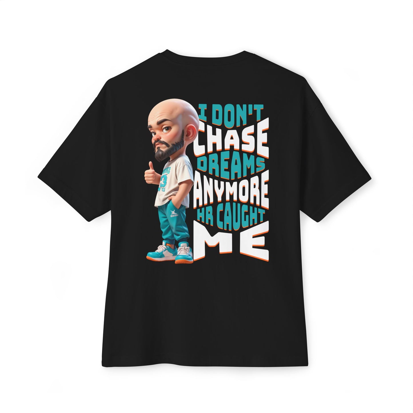 Black t-shirt with a graphic of a cartoon character and text on a white background