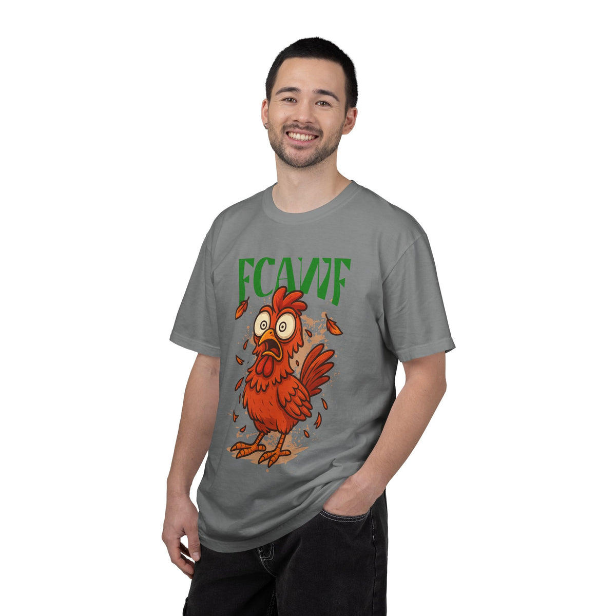 FPD - FCAWF Funny Panic Chicken Screaming Rooster Streetwear Unisex Heavyweight Cotton T-Shirt, Sarcastic Barnyard Animal Graphic Tee