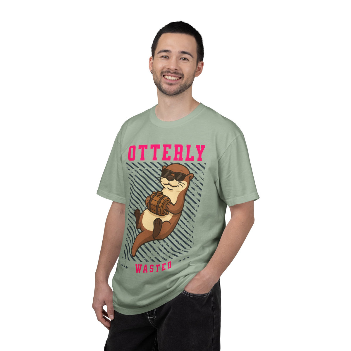 FPD - Otterly Wasted Funny Drinking Otter Sunglasses Barrel Streetwear Unisex Heavyweight Cotton T-Shirt, Sarcastic Party Animal Graphic Tee