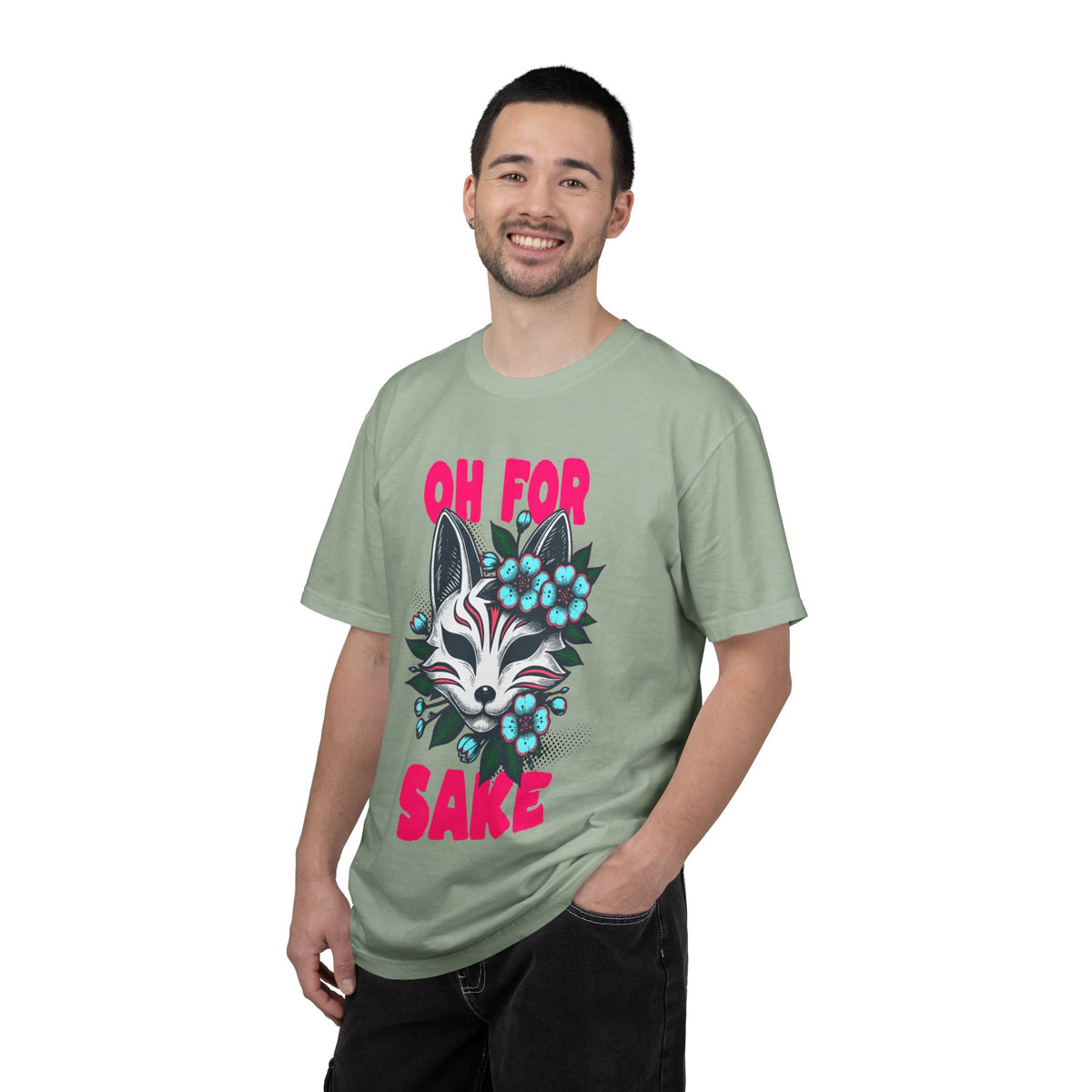 FPD - Oh For Sake Japanese Kitsune Fox Floral Streetwear Unisex Heavyweight Cotton T-Shirt, Sarcastic Anime Mask Graphic Tee