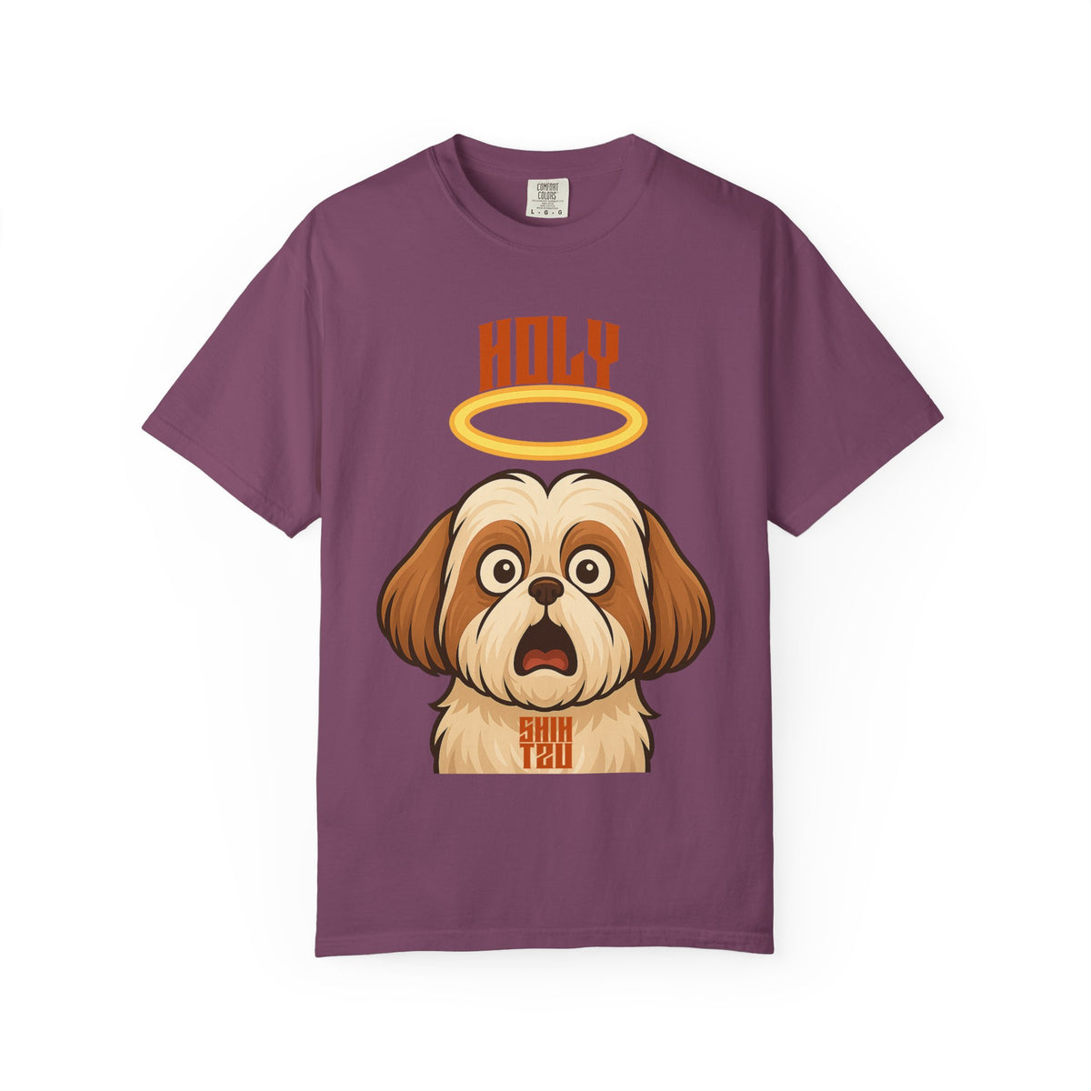 FPD - Holy Shih Tzu Funny Dog Halo Shocked Expression Unisex Heavyweight Cotton T-Shirt, Sarcastic Pet Humor Graphic Tee