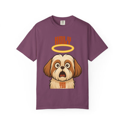 FPD - Holy Shih Tzu Funny Dog Halo Shocked Expression Unisex Heavyweight Cotton T-Shirt, Sarcastic Pet Humor Graphic Tee