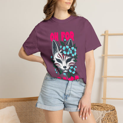 FPD - Oh For Sake Japanese Kitsune Fox Floral Streetwear Unisex Heavyweight Cotton T-Shirt, Sarcastic Anime Mask Graphic Tee