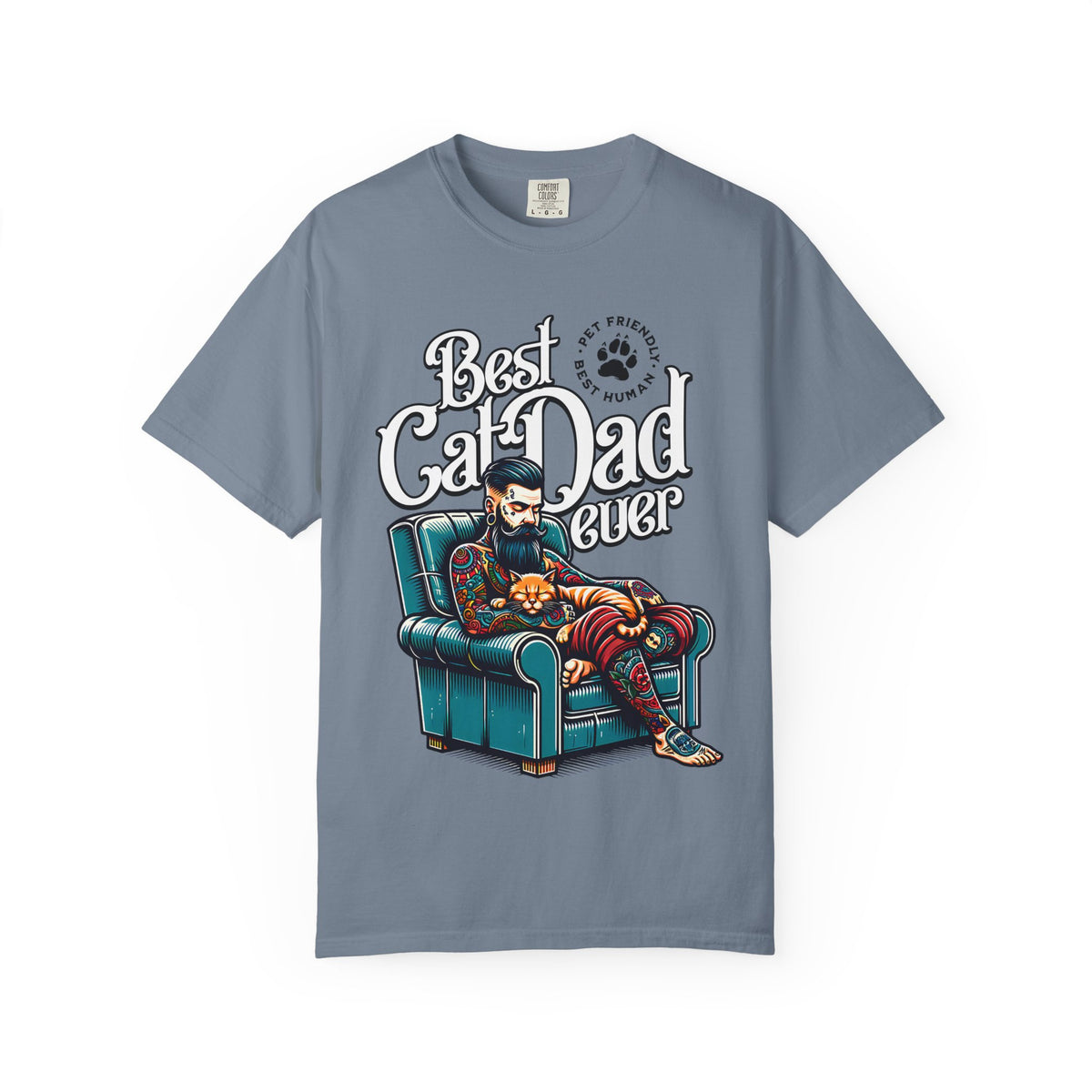 FPD - Best Cat Dad Ever T-Shirt | Tattooed Cat Dad In Armchair Graphic Tee | Funny Pet Lover Gift Shirt