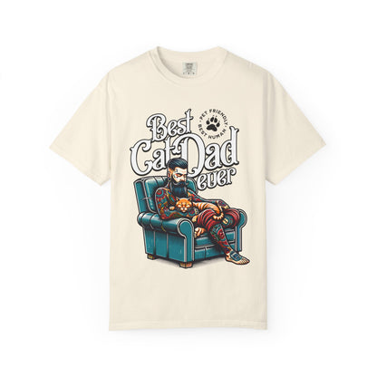FPD - Best Cat Dad Ever T-Shirt | Tattooed Cat Dad In Armchair Graphic Tee | Funny Pet Lover Gift Shirt